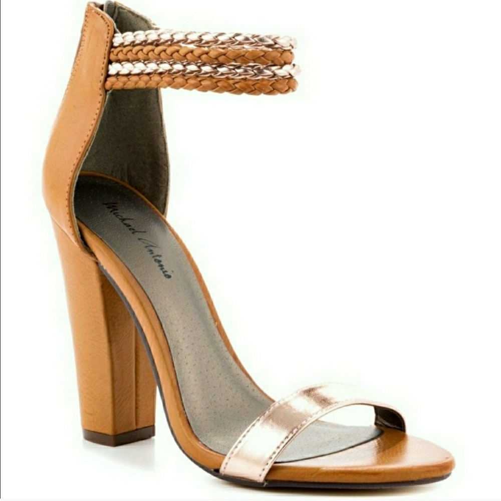 Michael Antonio Tan and Rose Gold Braided Ankle Strap Block Heels Size 10